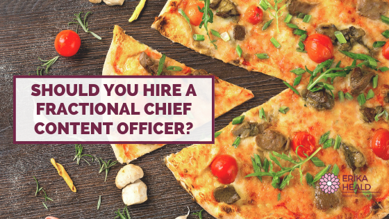 A pizza with a slice taken out of it and the words "should you hire a fractional chief content officer.