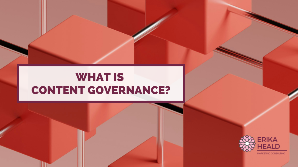 A blog post header image. There are several three-dimensional orange cubes connected with silver bars, creating a clean grid system. There is a text overlay that reads 'What is Content Governance'.